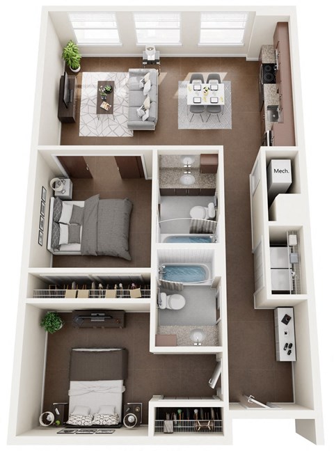 Floor plan for 2 beds, 2 baths, 954 sqft
